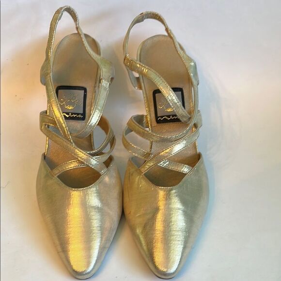 Nina Metallic Lame Gold Satin Heels with Crisscross Straps Women Size 9 - Picture 1 of 6
